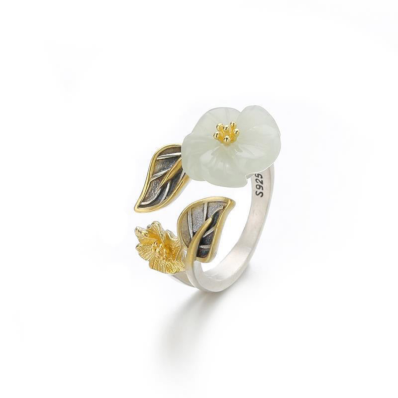 KarmaRipple's 925 Silver Plated Bronze Ivory Jade Plum Flower Leaf Fortune Ring p13