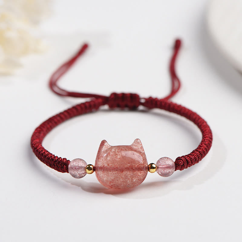 KarmaRipple's Handmade Authentic Silver Sheen Obsidian Strawberry Quartz Cute Cat Protection Woven Bracelet p4