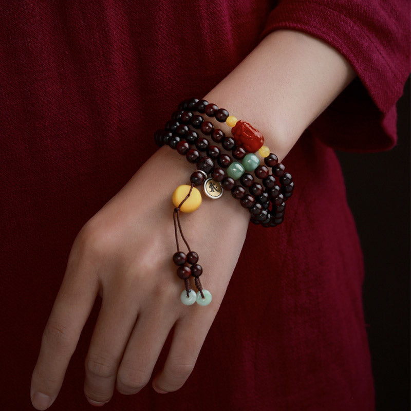 KarmaRipple's Chinese Zodiac Natal Buddha 108 Mala Beadwork Small Leaf Red Sandalwood Red Agate PiXiu Protection Bracelet p11