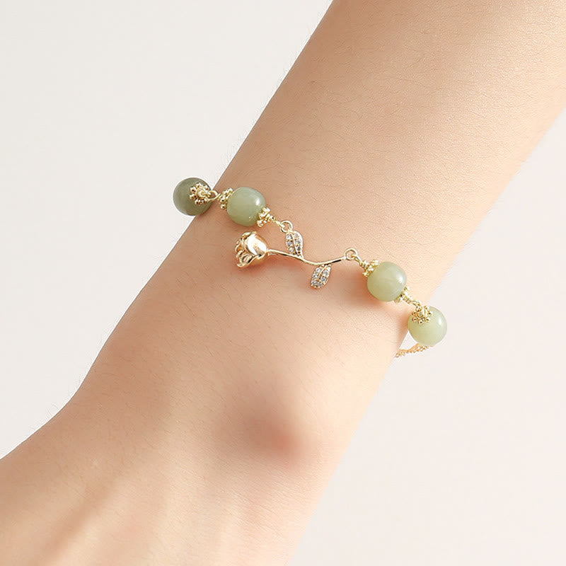 KarmaRipple's 14K Gold Plated Hetian Jade Golden Rose Flower Fortune Chain Bracelet p7
