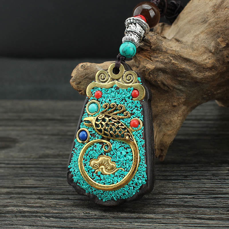 KarmaRipple's Tibet God Of Wealth Money Tree Golden Phoenix Thangka Ebony Peace Pendant Necklace p19