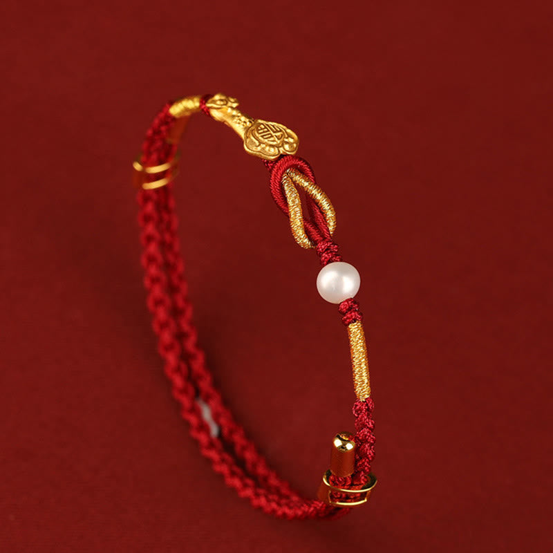 KarmaRipple's 24K Gold Wish Ruyi Handle Fu Character Rabbit Pearl Fortune Woven Bracelet p6