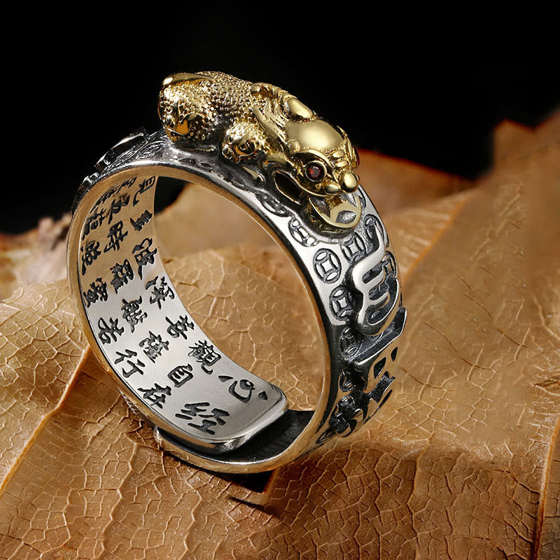 KarmaRipple's Tibetan 990 Sterling Silver Om Mani Padme Hum PiXiu Dorje Vajra Heart Sutra Engraved Wealth Ring p1