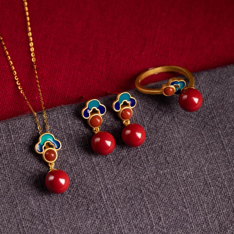 KarmaRipple's 925 Sterling Silver Plated Gold Cinnabar Red Agate Blessing Pendant Necklace Earrings Ring Set p19