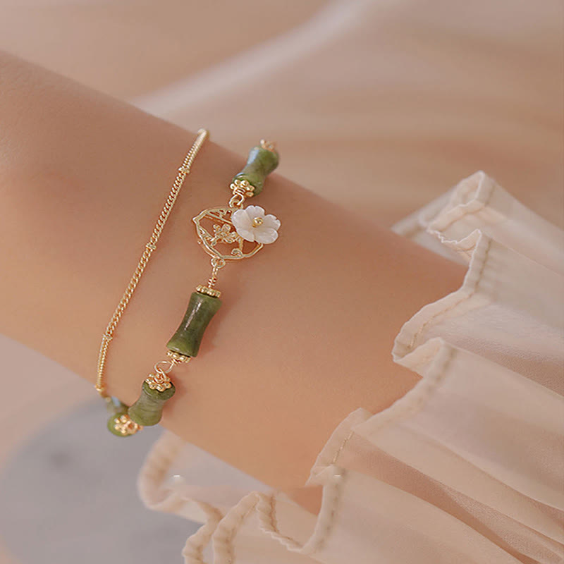 KarmaRipple's 14k Gold Plated Bronze Peridot Bamboo Flower Wealth Double Layer Bracelet p2