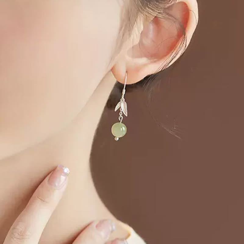 KarmaRipple's 999 Sterling Silver Hetian Jade Bead Bamboo Leaf Fortune Drop Dangle Earrings p5