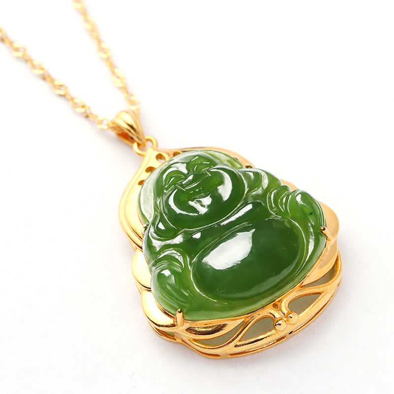 KarmaRipple's 925 Sterling Silver Authentic Hetian Cyan Jade Laughing Buddha 18K Gold Balancing Pendant Chain Necklace p10