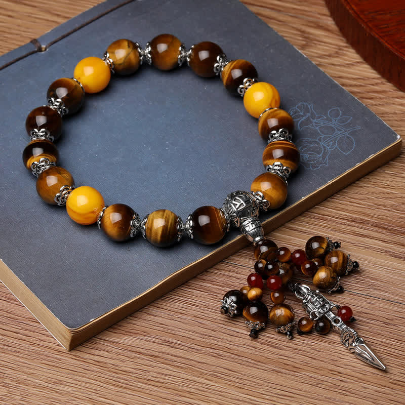 KarmaRipple's Authentic Tiger Eye Red Agate Dragon Vein Agate Stone Vajra Dorje Power Balancing Bracelet Car Decoration p1