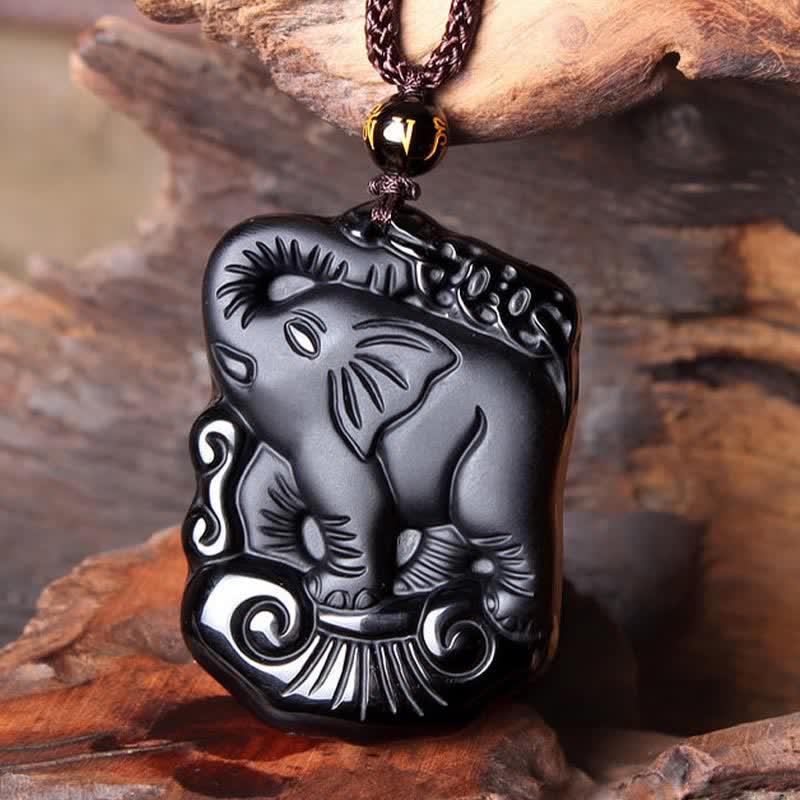 KarmaRipple's Black Obsidian Elephant Protection String Pendant Necklace Key Chain p10