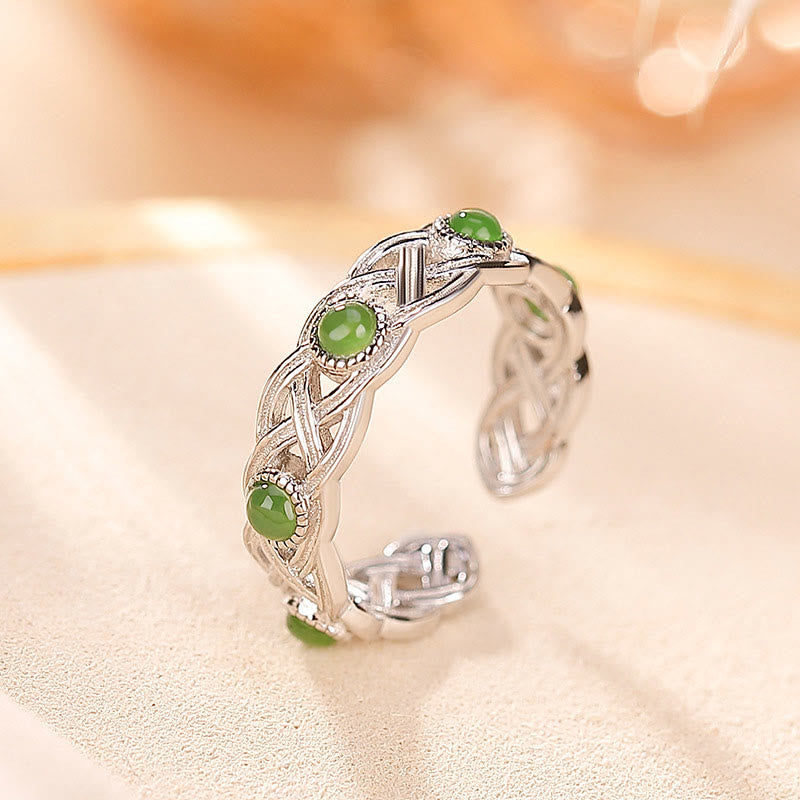 KarmaRipple's 925 Sterling Silver Plated Gold Cyan Jade Woven Design Success Fortune Adjustable Ring p13