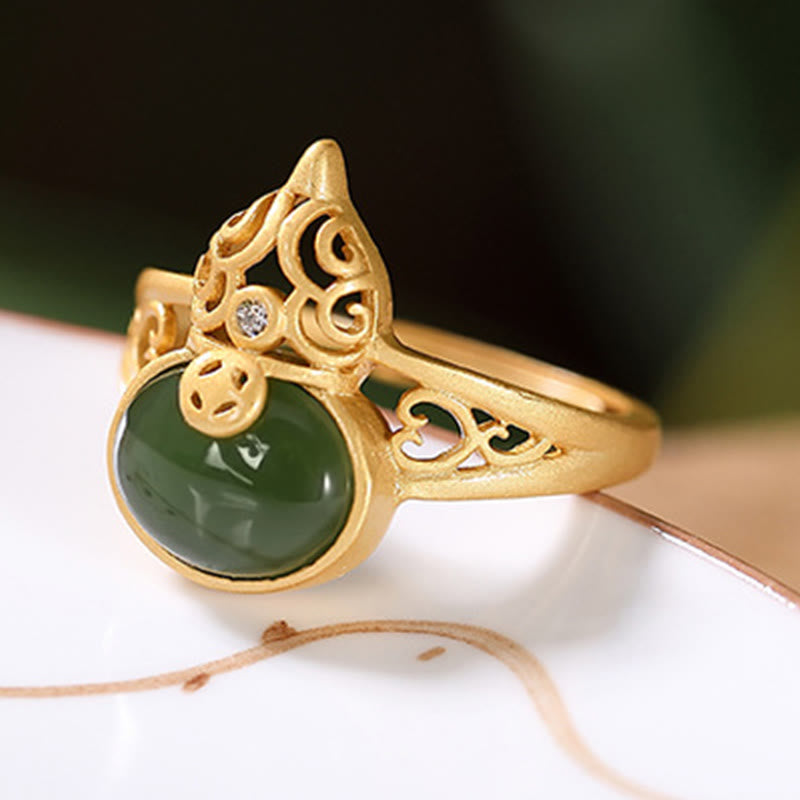 KarmaRipple's Gourd Cyan Jade Bronze Coin Success Fortune Adjustable Ring p7