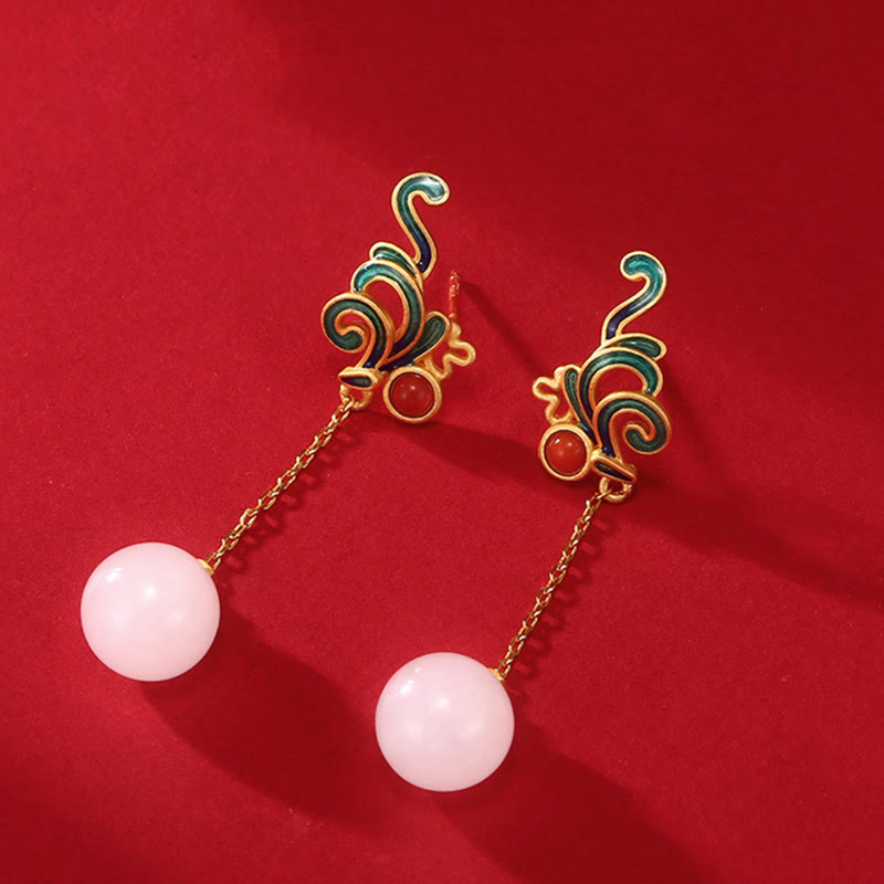 KarmaRipple's Vintage Ivory Jade Red Agate Bead Blessing Drop Dangle Earrings p3