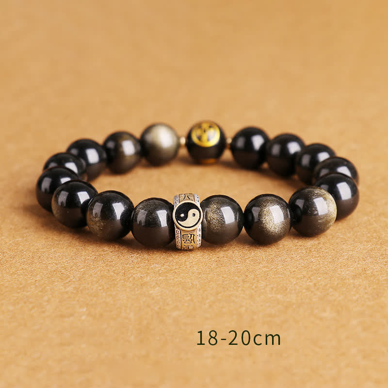 KarmaRipple's 925 Sterling Silver Black Obsidian Gold Sheen Obsidian Silver Sheen Obsidian Yin Yang Protection Bracelet p32
