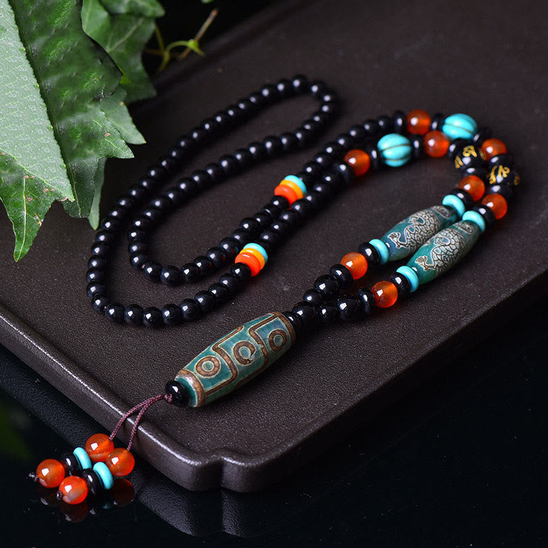 KarmaRipple's Tibetan Nine-Eye Dzi Bead Dragon Pattern Om Mani Padme Hum Protection Pendant Necklace p1