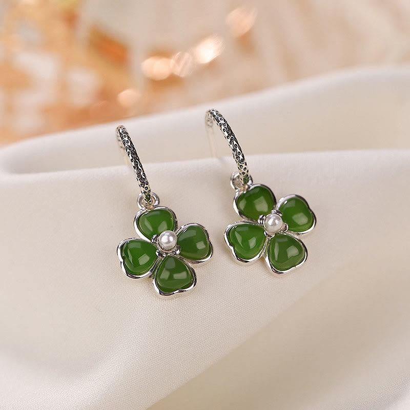 KarmaRipple's 925 Sterling Silver Authentic Cyan Jade Four Leaf Clover Fortune Success Earrings p4