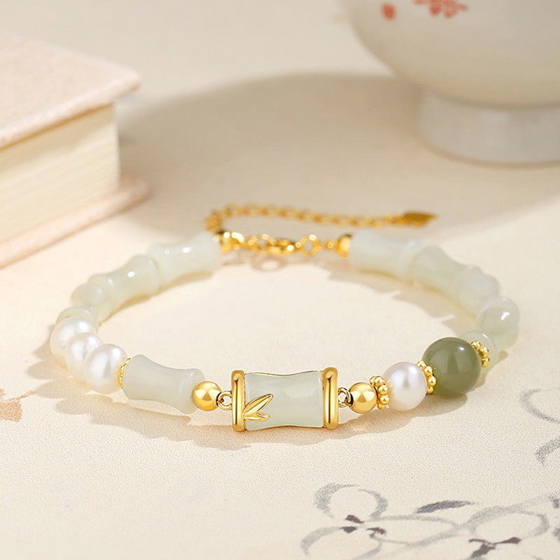 KarmaRipple's 925 Sterling Silver Authentic Hetian Ivory Jade Bamboo Fortune Blessing Bracelet p1