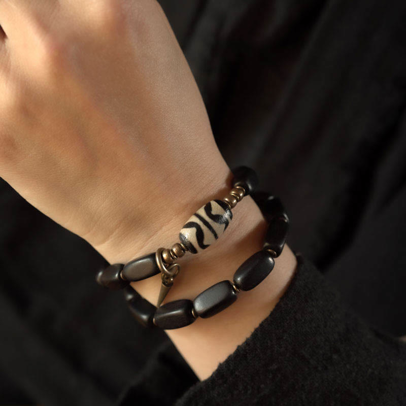 KarmaRipple's Tibet Ebony Wood Dzi Bead Bronze Balance Double Wrap Bracelet p16