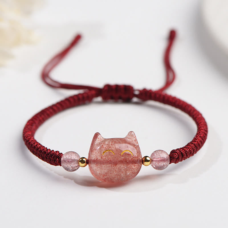 KarmaRipple's Handmade Authentic Silver Sheen Obsidian Strawberry Quartz Cute Cat Protection Woven Bracelet p20