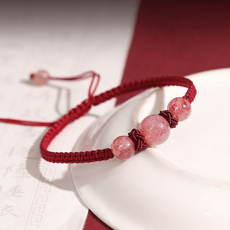 KarmaRipple's Authentic Strawberry Quartz Gemstone Love Red String Weave Bracelet Anklet ( p7