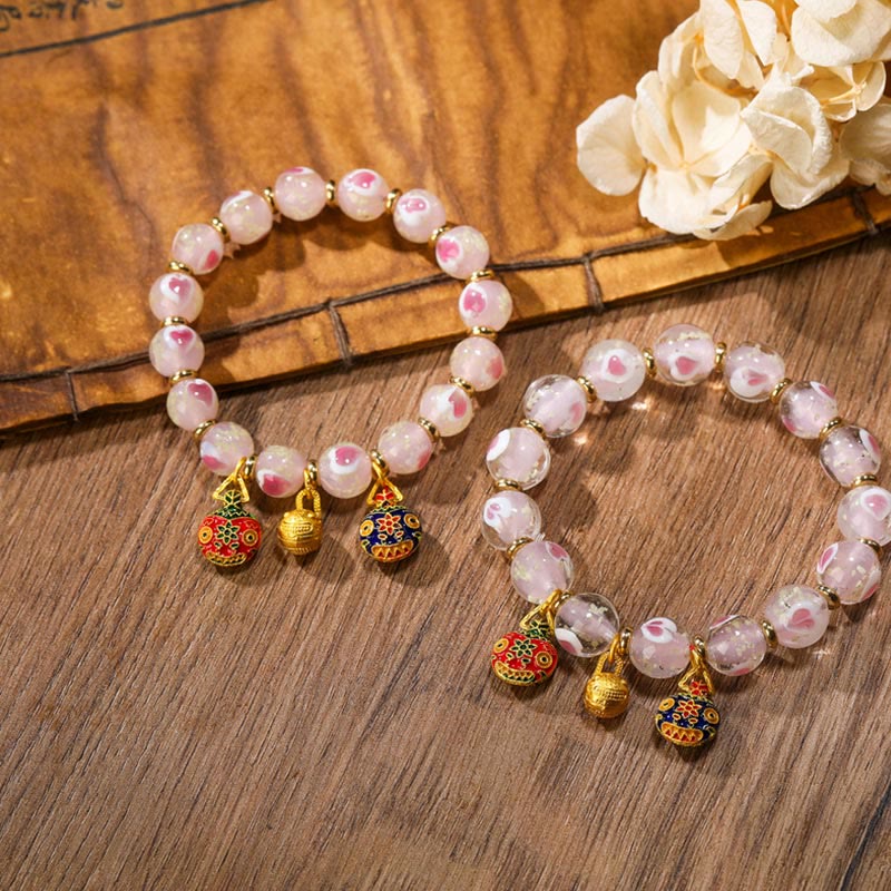 KarmaRipple's Gold Swallowing Beast Family Talisman Luminous Pink Love Heart Fluorescent Liuli Glass Bead Blessings Bracelet p3