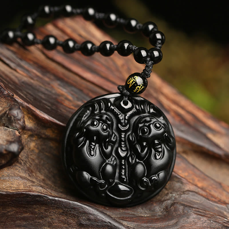 KarmaRipple's Black Obsidian Double Pixiu Bead Rope Purification Pendant Necklace p1