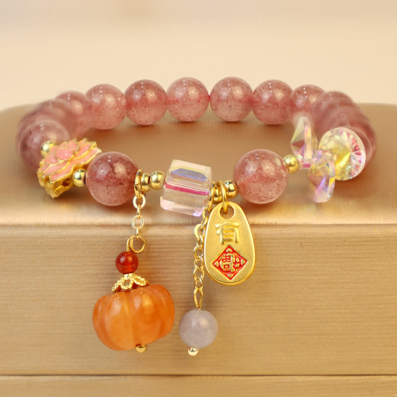 KarmaRipple's Authentic Strawberry Quartz Fu Character Pumpkin Talisman Positive Bracelet p1