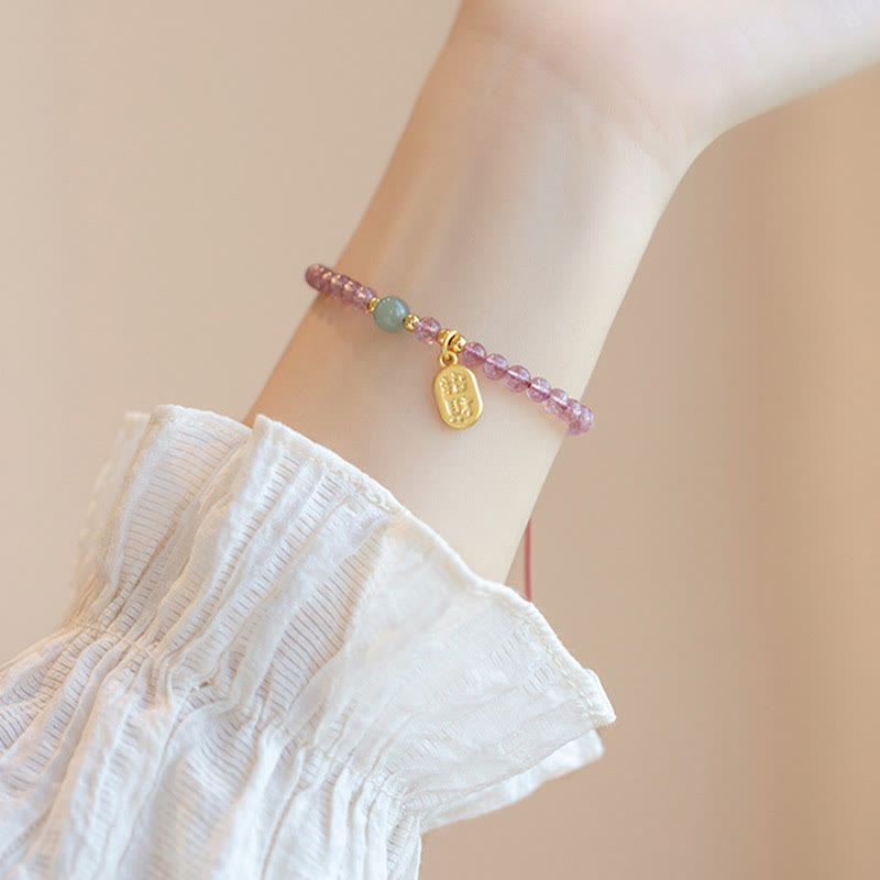 KarmaRipple's Authentic Strawberry Quartz Garnet Jade Fortunate Fortune Fu Character Balancing Talisman Bracelet p7