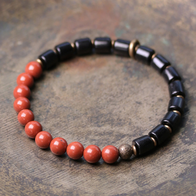 KarmaRipple's Ebony Wood Red Jasper Moss Agate Gemstone Bronze Peace Pair Bracelet p1