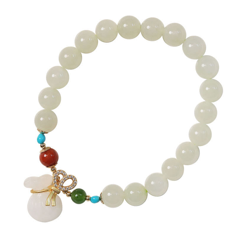 KarmaRipple's Authentic Hetian Ivory Jade 14K Gold Plated Money Bag Blessing Bracelet p7