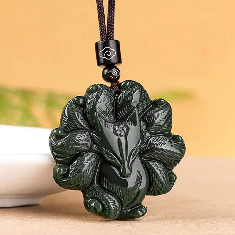 KarmaRipple's Hetian Cyan Jade Nine Tailed Fox Fortune Pendant String Necklace p2