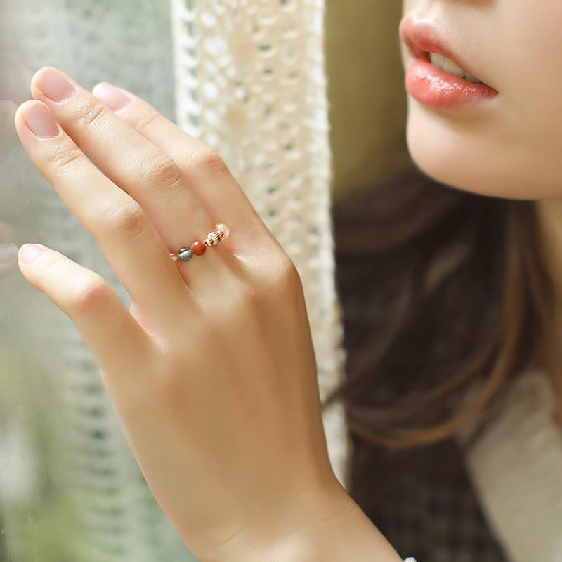 KarmaRipple's 14k Gold Plated Bronze Fu Lu Shou Gemstone Peach Moonstone Happiness Wealth Ring p4