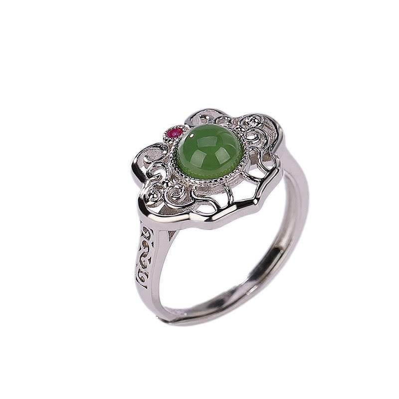 KarmaRipple's 925 Sterling Silver Authentic Hetian Cyan Jade Hollow Design Fortune Ring Earrings Set p8