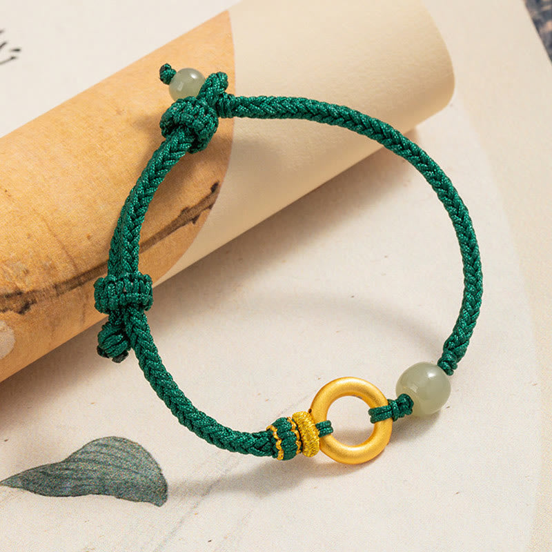 KarmaRipple's 999 Sterling Silver Peace Buckle Hetian Jade Bead Fortune Green Rope Woven Bracelet p2