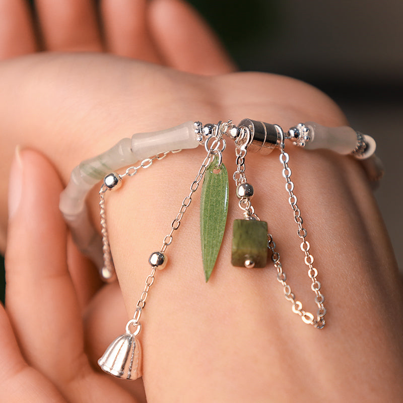 KarmaRipple's 925 Sterling Silver Authentic Ivory Jade Bamboo Leaf Lantern Talisman Happiness Bracelet p3