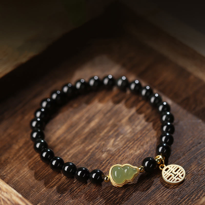 KarmaRipple's Authentic Black Obsidian Hetian Jade Gourd Double Happiness Strength Bracelet p2