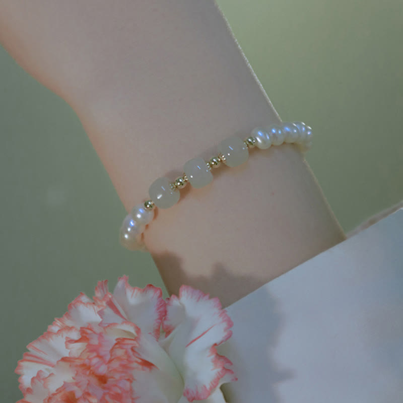 KarmaRipple's 14K Gold Plated Authentic Pearl Hetian Cyan Jade Ivory Jade Sincerity Bead Chain Bracelet p26