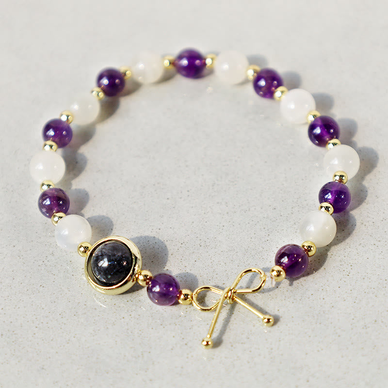 KarmaRipple's Amethyst Cat Eye Black Rutilated Quartz Spiritual Bead Bracelet p1
