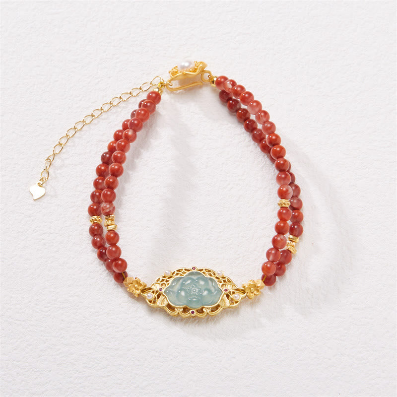 KarmaRipple's 925 Sterling Silver Plated Gold Authentic Red Agate Lotus Jade Calm Double Layer Bracelet p1