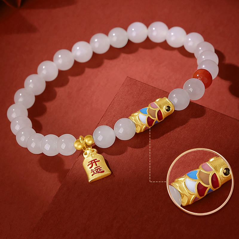 KarmaRipple's 925 Sterling Silver Hetian Ivory Jade Red Agate Koi Fish Fortune Happiness Bracelet p5