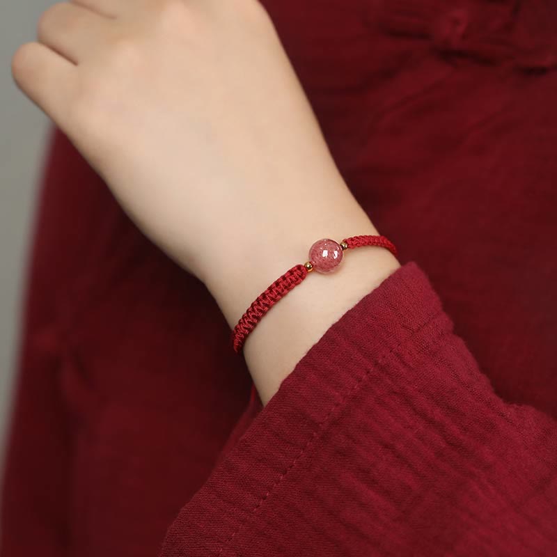 KarmaRipple's Authentic Strawberry Quartz Gemstone Love Red String Weave Bracelet Anklet ( p13