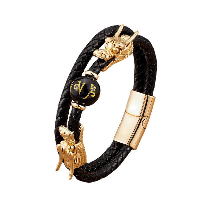KarmaRipple's Double Dragon Head Leather Stone Titanium Steel Success Bracelet ( p1