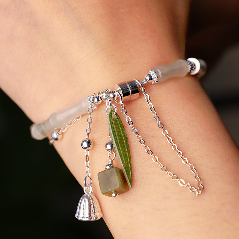 KarmaRipple's 925 Sterling Silver Authentic Ivory Jade Bamboo Leaf Lantern Talisman Happiness Bracelet p7