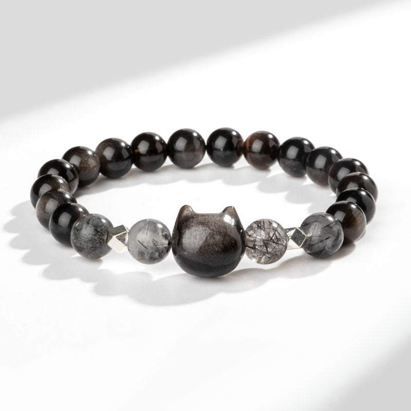KarmaRipple's Authentic Silver Sheen Obsidian Cute Cat Head Protection Bracelet p1