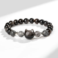 KarmaRipple's Authentic Silver Sheen Obsidian Cute Cat Head Protection Bracelet