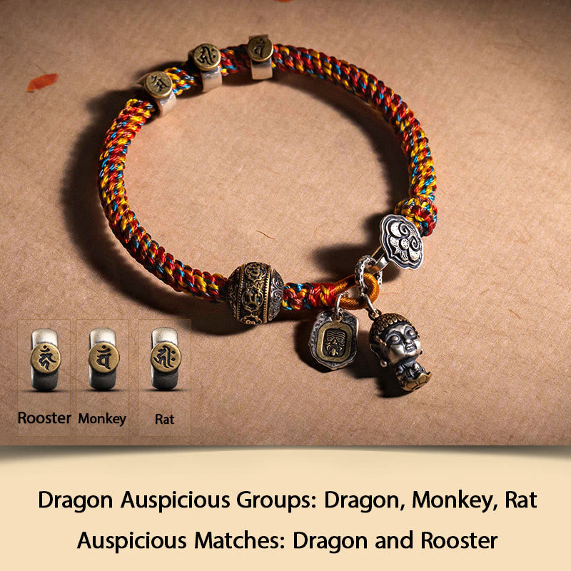 KarmaRipple's Handmade Tibetan 925 Sterling Silver Chinese Zodiac Natal Buddha Zakiram Goddess of Wealth Protection Multicolored Rope Woven Bracelet p5