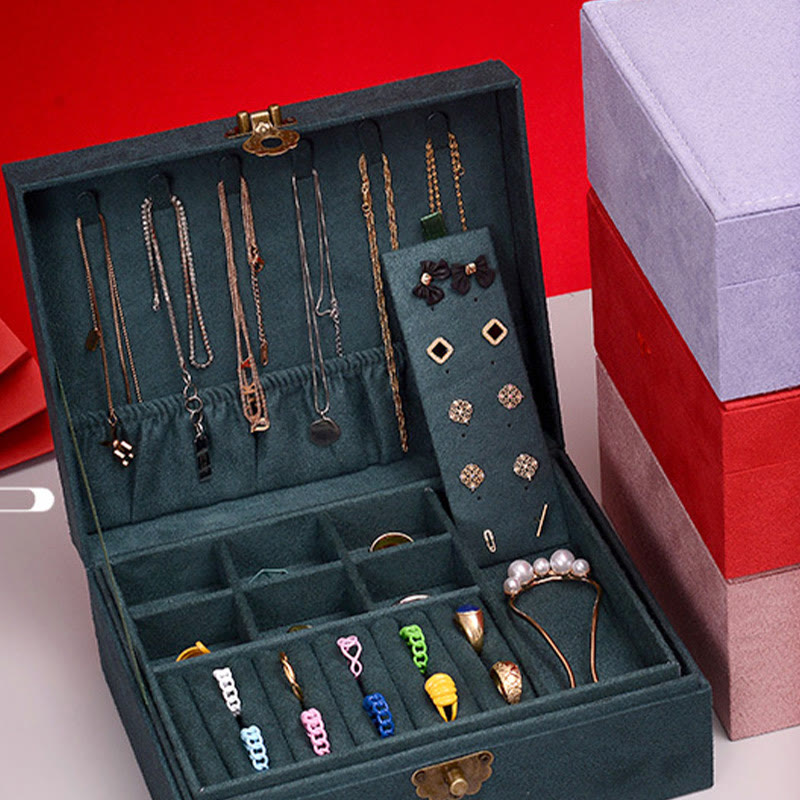 KarmaRipple's Simple Design Jewelry Box Organizer Two-Layer Jewelry Storage Box Flannel Box With Lock p7