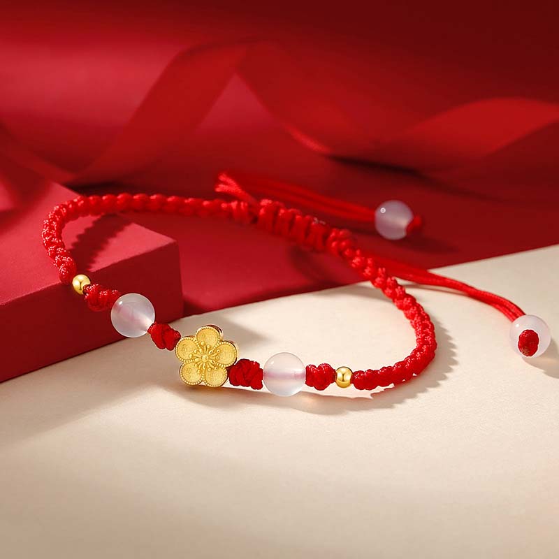 KarmaRipple's Handmade 925 Sterling Silver Peach Blossom Cherry Sakura Chalcedony Bead Fortune Red Rope Bracelet p2