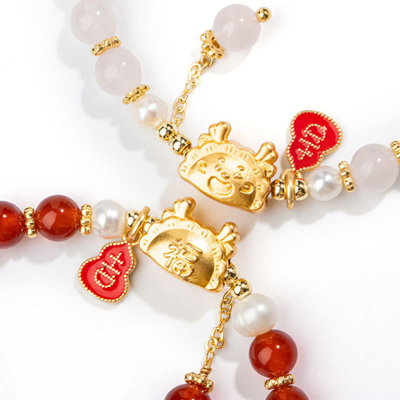 KarmaRipple's Year Of The Dragon Authentic Red Agate Pink Gemstone Black Onyx Dumpling Fortune Fu Character Bracelet p18