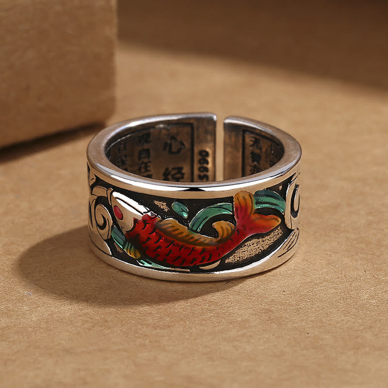 KarmaRipple's Blue Enamel Koi Fish Heart Sutra Success Ring p2