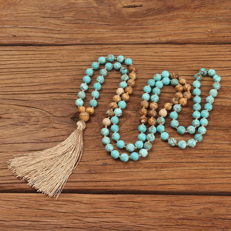 KarmaRipple's 108 Mala Beadwork Turquoise?Picture Jasper Wisdom Tassel Bracelet p1